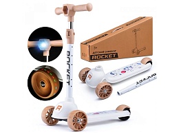 Самокат Rocket 3-ех колесный, колеса светятся, фонарик, нагрузка до 50кг, белый R0112