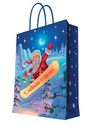Бумажный пакет "Дед Мороз на сноуборде" 17,8x22,9x9,8см 90124