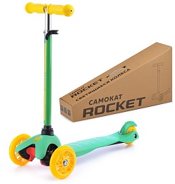 Самокат трёхколёсный ROCKET колёса световые PU, цвет желто-зеленый R0090