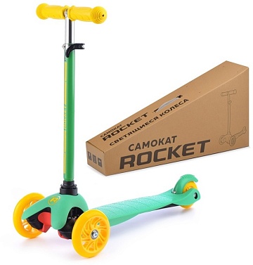 Самокат трёхколёсный ROCKET колёса световые PU, цвет желто-зеленый R0090
