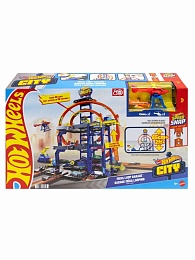 Игрушечный трек Hot Wheels City JBM74 МЕГА гараж парковка с 2 кольцами с машинкой и вертолетом JBM74