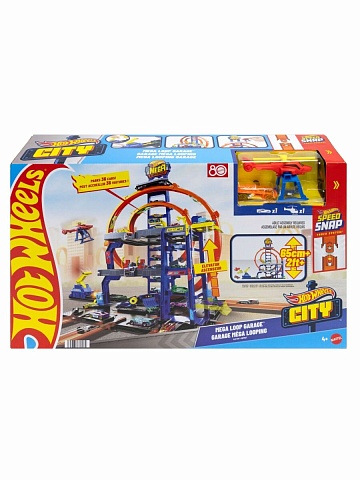 Игрушечный трек Hot Wheels City JBM74 МЕГА гараж парковка с 2 кольцами с машинкой и вертолетом JBM74
