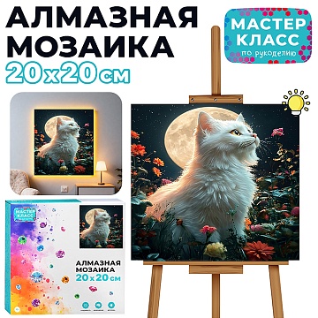 Алмазная мозаика "Белая кошечка" (светится в темноте) 20*20см. MKA2020-92